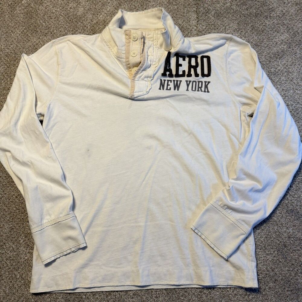 AERO Cream Polo Shirt Long Sleeve Y2k 90s Rugby Casual Collegiate Spellout FLAWS